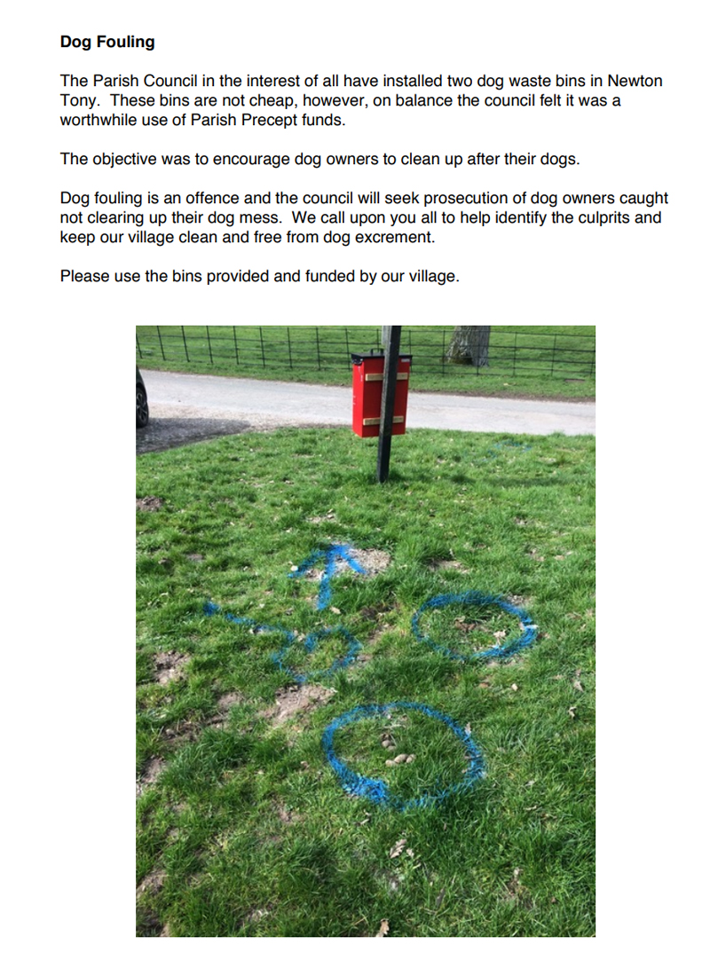 Newton Toney Wiltshire village notice about dog fouling